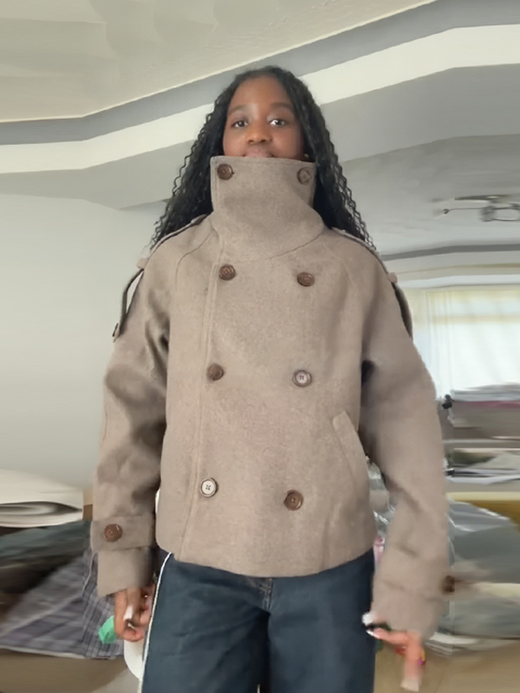Wool Coat Peacoat - Korte bruine damesjas met opstaande kraag,