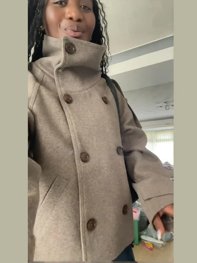 Korte bruine damesjas met opst - Wool Coat Peacoat recensie en prijs